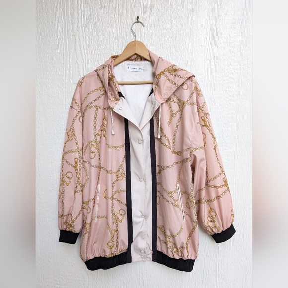 MNG Mango Chain Print Light Pink Hooded Bomber Jacket Coat Size XL - Picture 1 of 5
